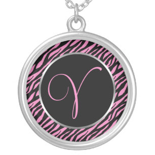 Pink Zebra Print Fancy Letter V Silver Plated Necklace