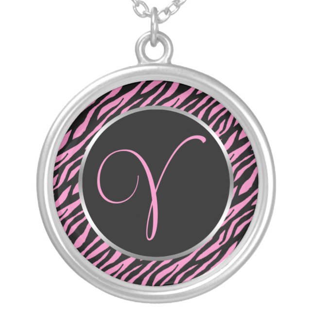 Pink Zebra Print Fancy Letter V Silver Plated Necklace (Front)