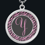 Pink Zebra Print Fancy Letter Y Silver Plated Necklace<br><div class="desc">Script letter Y in pink on a black and pink zebra print background.</div>