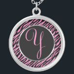 Pink Zebra Print Fancy Letter Y Silver Plated Necklace<br><div class="desc">Script letter Y in pink on a black and pink zebra print background.</div>
