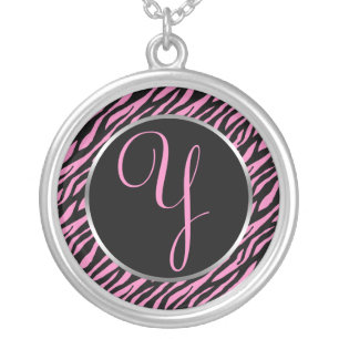 Pink Zebra Print Fancy Letter Y Silver Plated Necklace