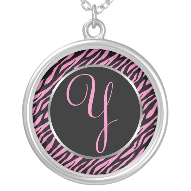Pink Zebra Print Fancy Letter Y Silver Plated Necklace (Front)