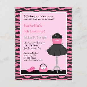 Pink Zebra Print Fashion Show Girls Birthday Party Invitation