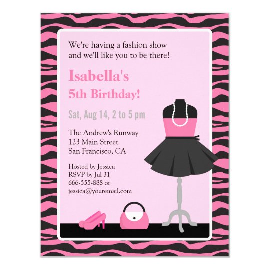 pink zebra print fashion show girls birthday party invitation