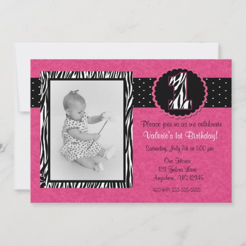 Pink Zebra Print Girls 1st Birthday Invitation