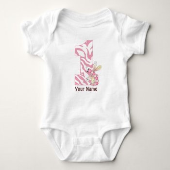 Pink Zebra Print Girls 1st Birthday T-shirt Baby Bodysuit by mybabytee at Zazzle