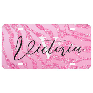 Pink Zebra Print Glam Glitter License Plate