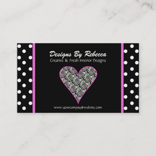 Customizable Pink Zebra Print Heart & Polka Dots Business Card