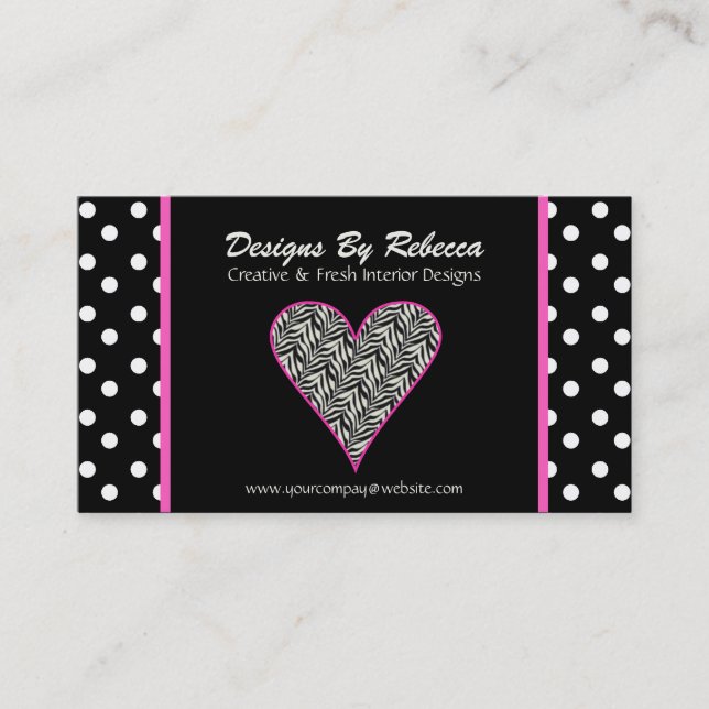 Pink Zebra Print Heart & Polka Dots Business Card (Front)