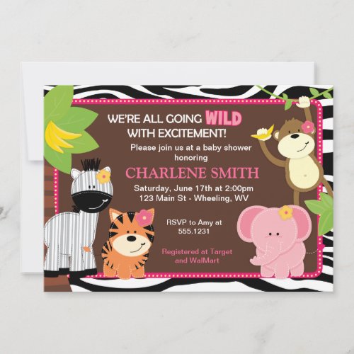 Pink Zebra Print Jungle Baby Shower Invitations