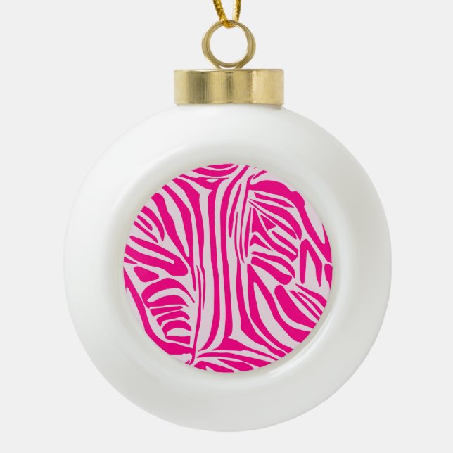 Pink Zebra Print Pattern Ceramic Ball Christmas Ornament (Front)