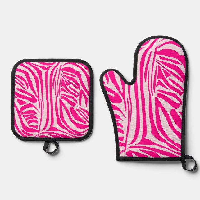 Pink Zebra Print Pattern Oven Mitt & Pot Holder Set (Front)