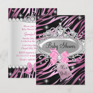 Pink Zebra Print & Princess Tiara Baby Shower Invitation