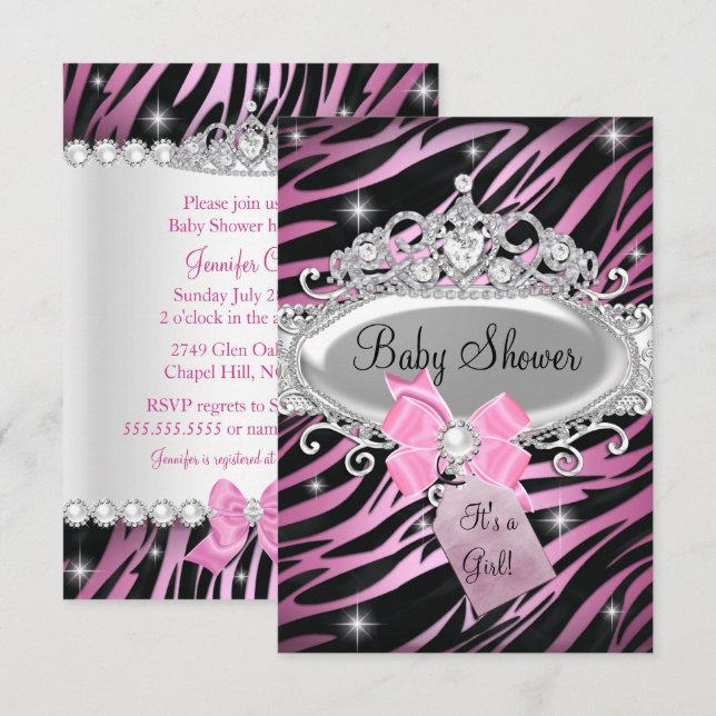 Pink Zebra Print & Princess Tiara Baby Shower Invitation (Front/Back)