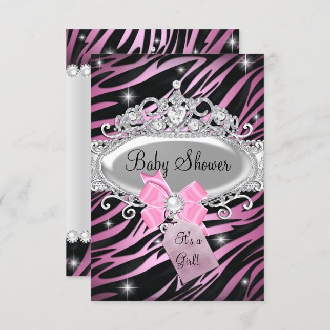 Pink Zebra Print & Princess Tiara Baby Shower Invitation (Front/Back)