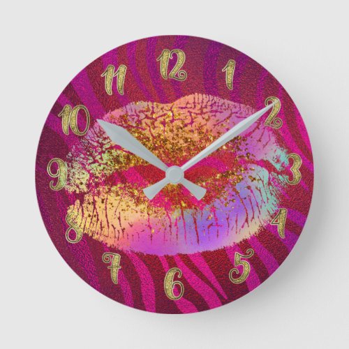 Pink Zebra Print Rainbow Glitter Lips Kiss Custom Round Clock