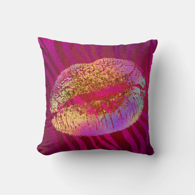Pink Zebra Print Rainbow Glitter Lips Kiss Custom Throw Pillow (Front)