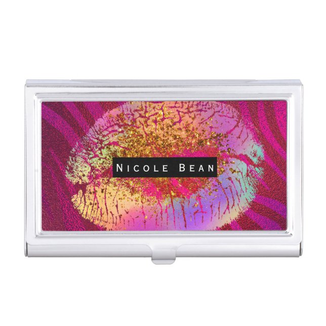 Pink Zebra Print Rainbow Gold Glitter Lips Business Card Holder (Front)
