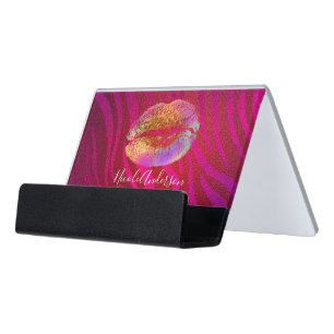 Pink Zebra Print Rainbow Gold Glitter Lips Desk Business Card Holder
