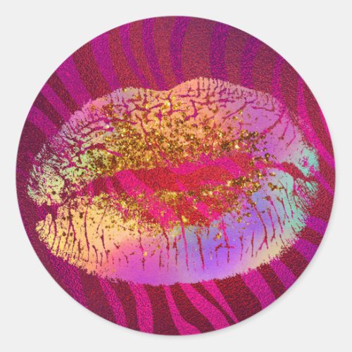 Pink Zebra Print Rainbow Gold Glitter Lips Favor Classic Round Sticker