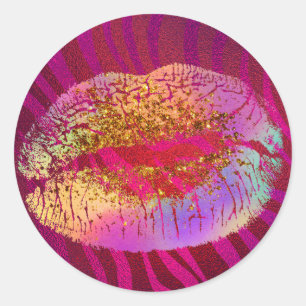 Pink Zebra Print Rainbow Gold Glitter Lips Favor Classic Round Sticker