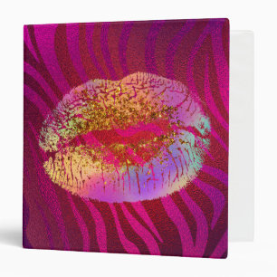 Pink Zebra Print Rainbow Gold Glitter Lips Kiss 3 Ring Binder