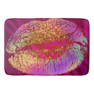 Pink Zebra Print Rainbow Gold Glitter Lips Kiss Bath Mat