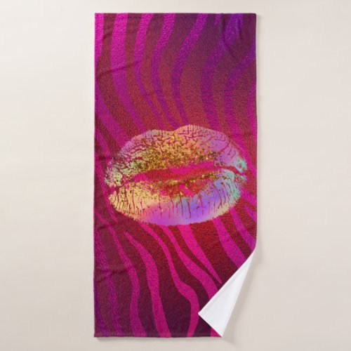 Pink Zebra Print Rainbow Gold Glitter Lips Kiss Bath Towel Set