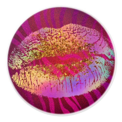 Pink Zebra Print Rainbow Gold Glitter Lips Kiss Ceramic Knob