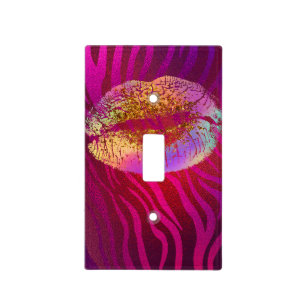 Pink Zebra Print Rainbow Gold Glitter Lips Kiss Light Switch Cover