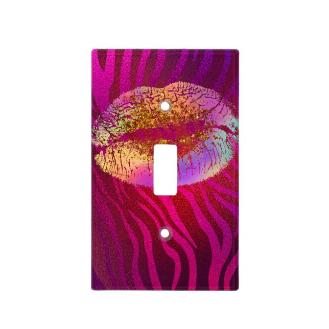 Pink Zebra Print Rainbow Gold Glitter Lips Kiss Light Switch Cover (Front)