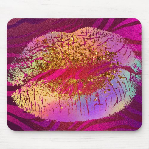 Pink Zebra Print Rainbow Gold Glitter Lips Kiss Mouse Pad