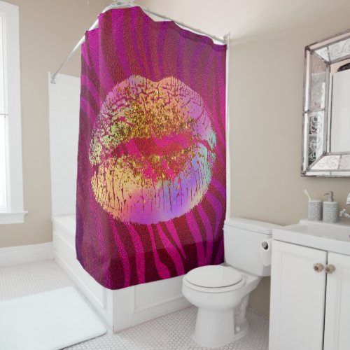 Pink Zebra Print Rainbow Gold Glitter Lips Kiss Shower Curtain