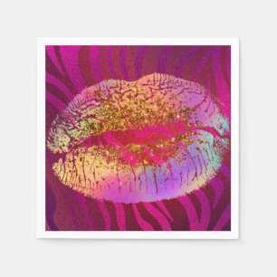 Pink Zebra Print Rainbow Gold Glitter Lips Party Paper Napkins