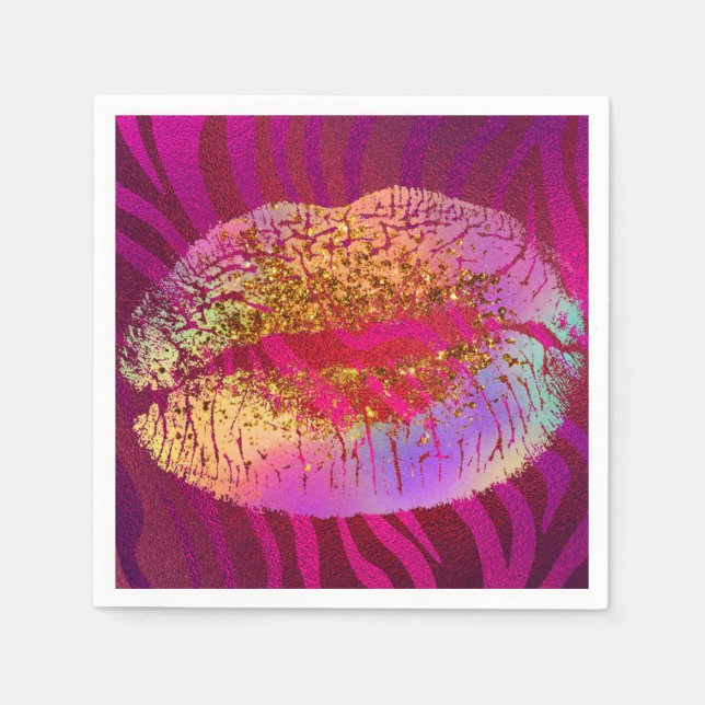 Pink Zebra Print Rainbow Gold Glitter Lips Party Paper Napkins (Front)
