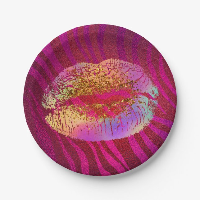 Pink Zebra Print Rainbow Gold Glitter Lips Party Paper Plates (Front)