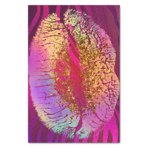 Pink Zebra Print Rainbow Gold Glitter Lips Party Tissue Paper