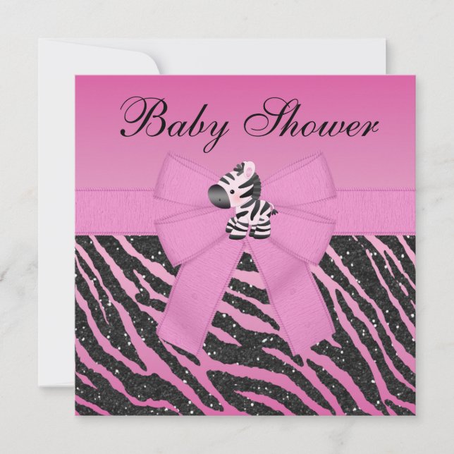 Pink Zebra Printed Bow & Glitter Look Baby Shower Invitation (Front)