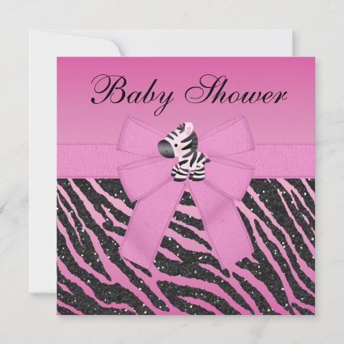 Pink Zebra Printed Bow  Glitter Look Baby Shower Invitation