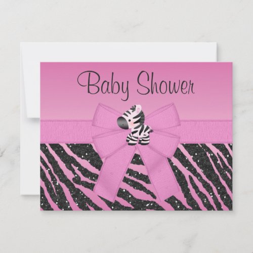 Pink Zebra Printed Bow  Glitter Look Baby Shower Invitation