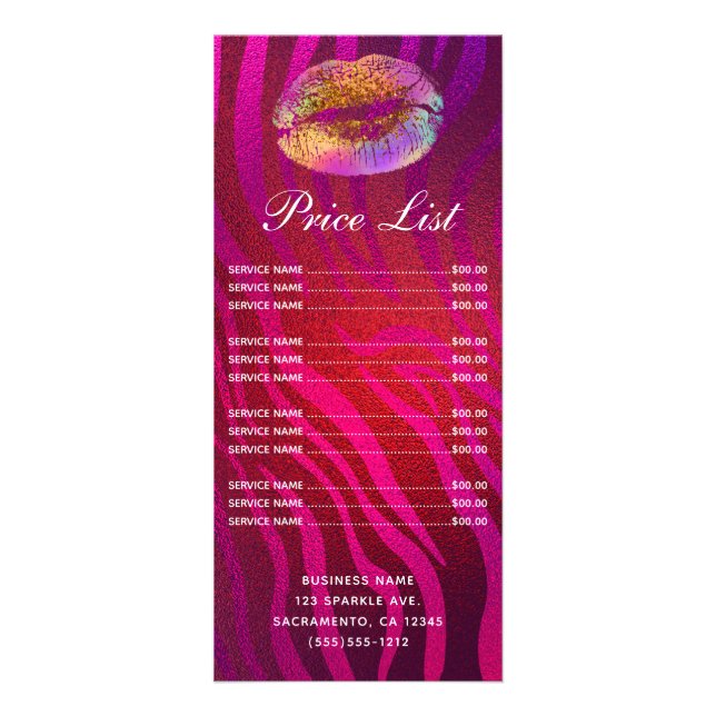 Pink Zebra Rainbow Gold Glitter Lips Price List Rack Card (Front)