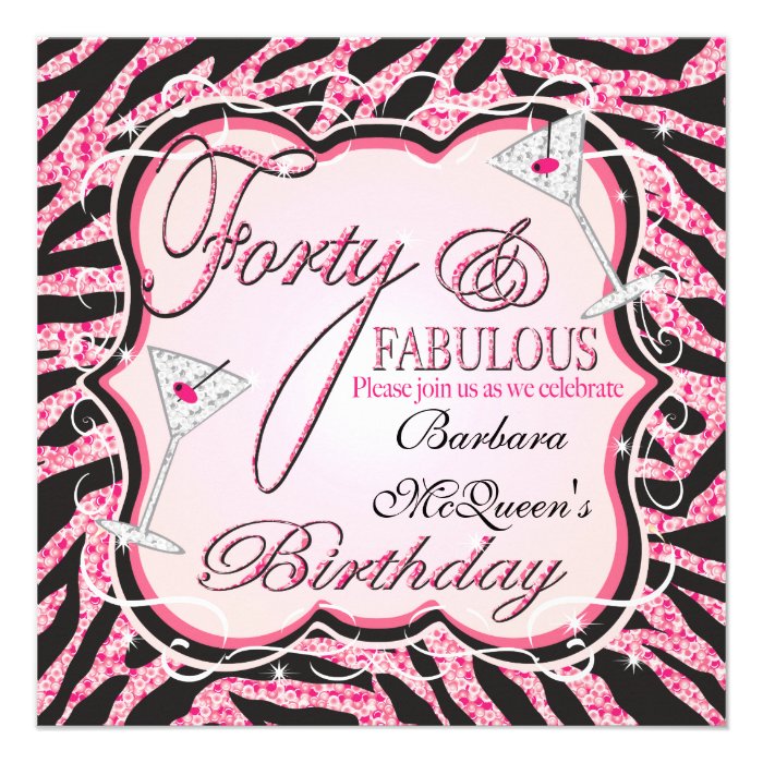 Pink Zebra Sequin 40th Birthday Party Invitations