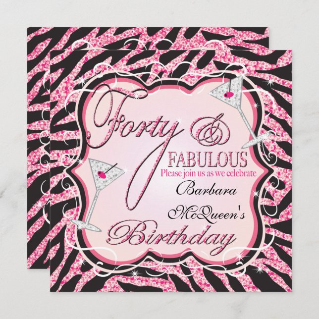 Pink Zebra Sequin 40th Birthday Party Invitations (Front/Back)
