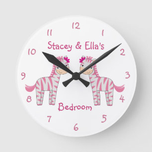 Pink Zebra Sisters Personalized Shared Bedroom Round Clock