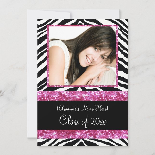 Pink Zebra Sparkle Girls Graduation Party Invitation (Front)
