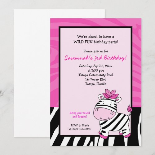 Pink Zebra Stripe 5x7 Birthday Invitation