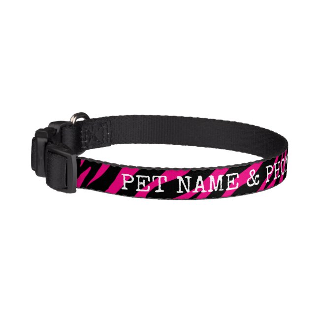 Pink zebra stripe animal print custom dog name pet collar (Left)