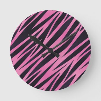 Pink Zebra Stripe Background Round Clock by boutiquey at Zazzle