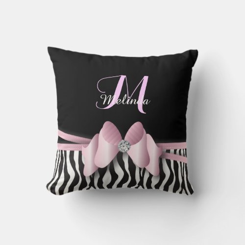 Pink Zebra Striped Bowed  Personalize Throw Pillow