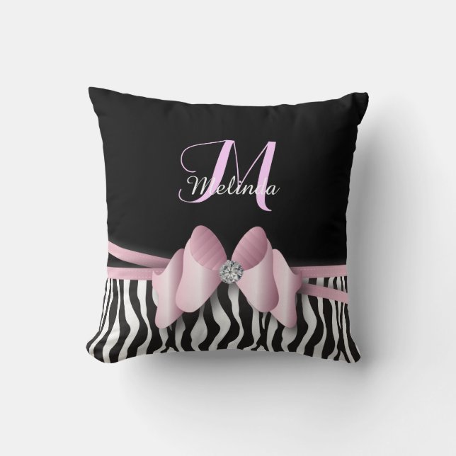 Pink Zebra Striped Bowed | Personalize Throw Pillow (Front)